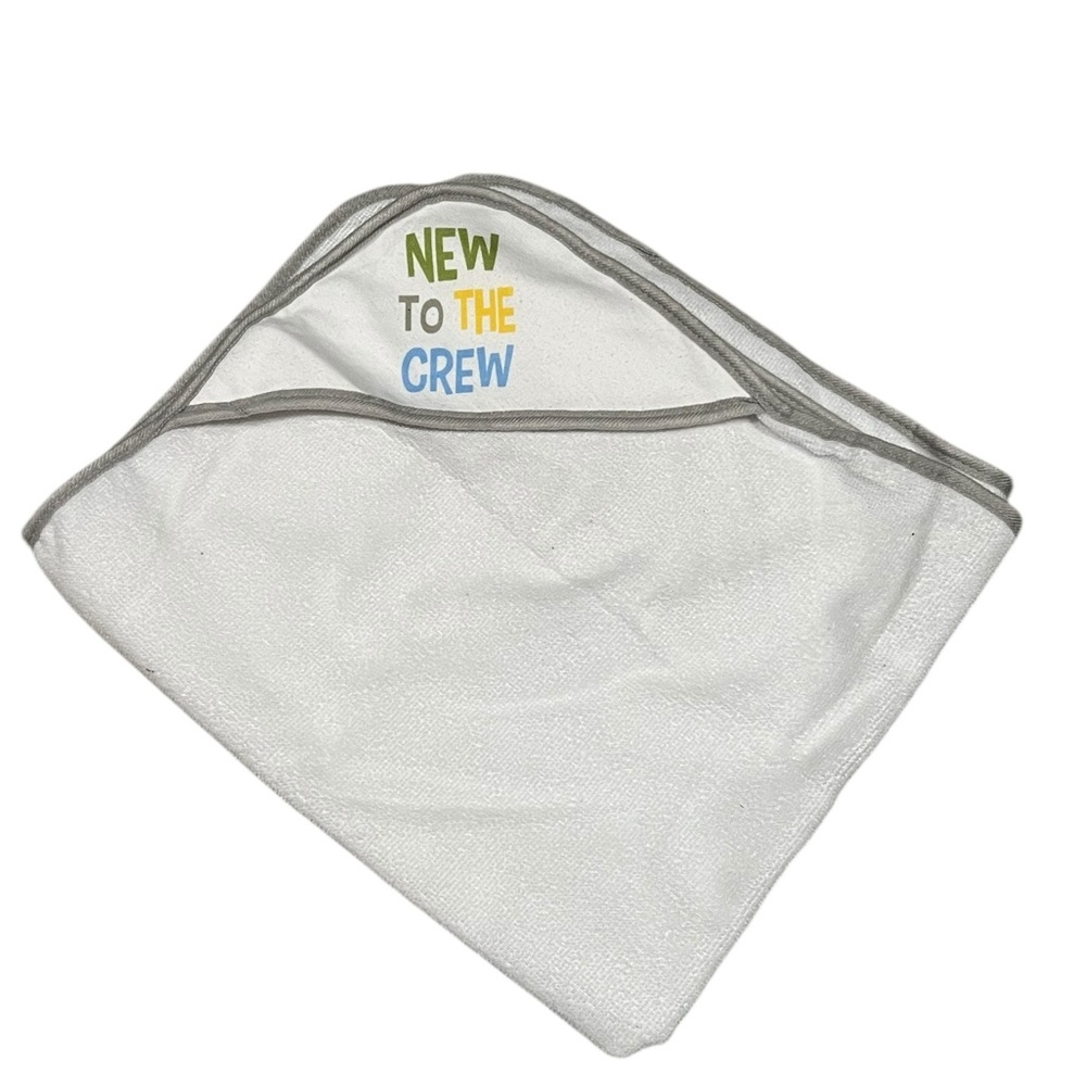 Baby Hooded Towel “New to the Crew” | White Gray Trim